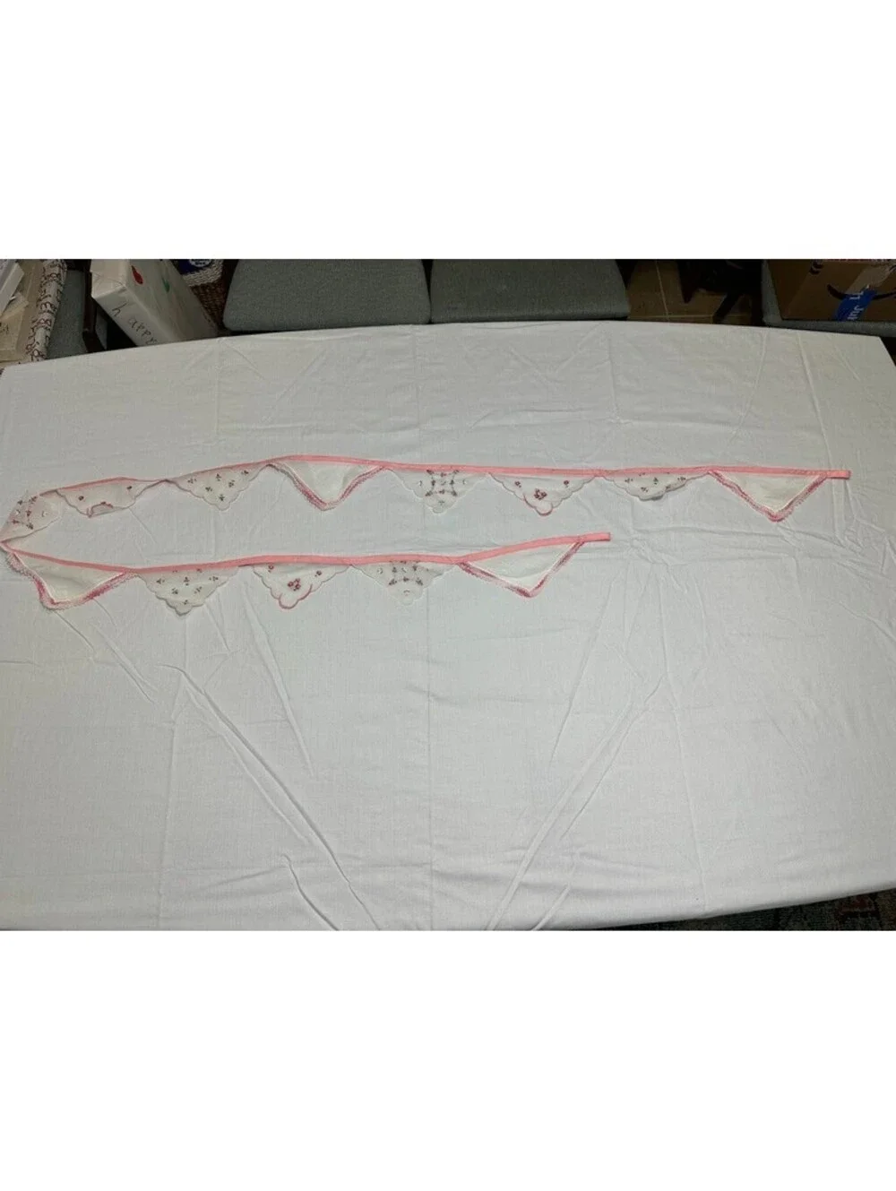 Vtg Pink Handkerchief Bunting Garland Hankie Banner Handmade Flowers Floral Rose